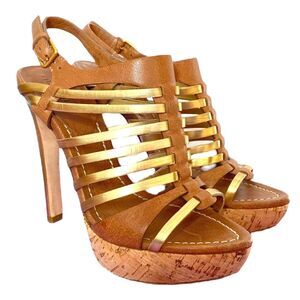 Miu Miu Brown / Gold Leather Stiletto Sandals Cork Platform Sole - Women's SZ 39